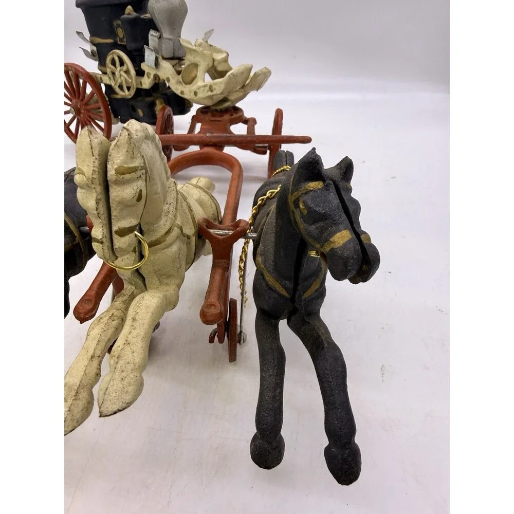 Vintage Cast Iron 3 Horse Drawn Fire Red Wagon Steam Pumper Toy